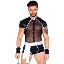 Sexy Priest Costume Sheer Top Bodysuit Collar Cape Sash Wrist Cuffs Set ... - £46.78 GBP