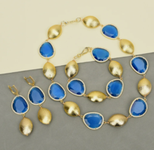 Blue Crystal CZ Paved Gold Plated Brushed Bead Necklace Bracelet Earrings Sets - £21.39 GBP