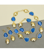 Blue Crystal CZ Paved Gold Plated Brushed Bead Necklace Bracelet Earring... - £21.51 GBP