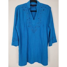 Roaman&#39;s Blouse 12 Womens Blue Die Cut 3/4 Sleeve V Neck Pullover Tunic Top - $18.69