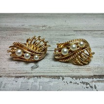 Vintage Signed Lisner Gold Tone Faux Pearl Clip On Earrings MCM Costume - £6.55 GBP