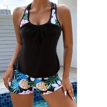 Womens Swimsuit Tankini Bikini Black Floral Swim Racerback 2 in 1 Set-sz XL - £21.77 GBP