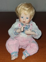 MBI 1990  Danbury Mint porcelain doll pink striped overalls floral top 5 Inch - £9.39 GBP