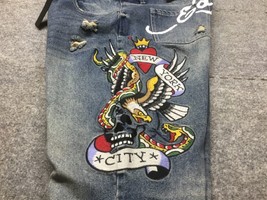 Ed Hardy Mens New York City Eagle Patch Distressed Denim Jeans Size 42X30 Y2K - £74.38 GBP