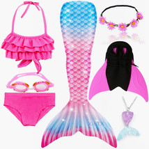 7PCS/Set New Pink Kid Swimming Mermaid Tail With Monofin Girls Swimsuit Bikini - £28.76 GBP