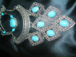Turquoise 2 Pc Set` Necklace W 6 Lge Stones I Settings &amp; Bracelet - £12.49 GBP