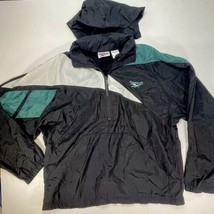 Vintage Reebok Jacket Medium Mens 1/4 Zip Black Green Windbreaker 90s Y2K Hood - $25.47