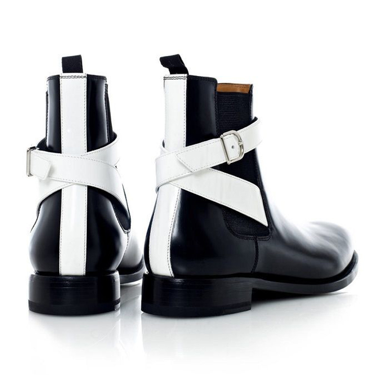 High Ankle Black White Chelsea Rounded Buckle Strap Derby Toe Real Leather Boots