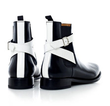 High Ankle Black White Chelsea Rounded Buckle Strap Derby Toe Real Leather Boots - £114.96 GBP