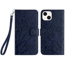 For iPhone 15 Tree Birds Embossed Pattern Leather Phone Case(Blue) - £3.94 GBP