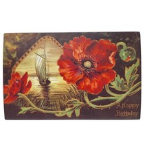 Postcard Happy Birthday Red Poppies Flowers Sailboat Chrome Unposted - $90.22 MXN