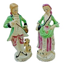 2 Porcelain Figurines Victorian Couple with Dogs Green Purple Gold Trim Vintage - $12.95