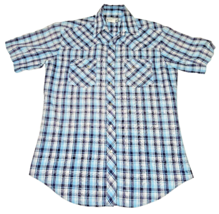 VTG Wrangler Pearl Snap Western Shirt Mens MEDIUM blue plaid Short Sleeve Cowboy - £14.65 GBP