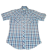 VTG Wrangler Pearl Snap Western Shirt Mens MEDIUM blue plaid Short Sleev... - £14.41 GBP