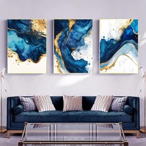 Blue Gold Abstract Wall Art Gold Foil Paintings Navy Blue Abstract Canvas Art Mo - £42.99 GBP