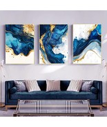 Blue Gold Abstract Wall Art Gold Foil Paintings Navy Blue Abstract Canva... - £42.76 GBP