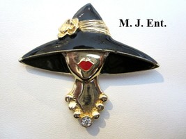 M.J. Ent (M J Enterprise) Enameled &amp; Rhinestone Woman Brooch Pin Vintage 1977 - £13.58 GBP