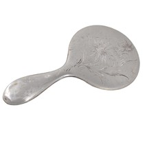 Antique Victorian Floral Etched Aluminum Vanity 9.25&quot; Hand Mirror Round Beveled - £15.41 GBP
