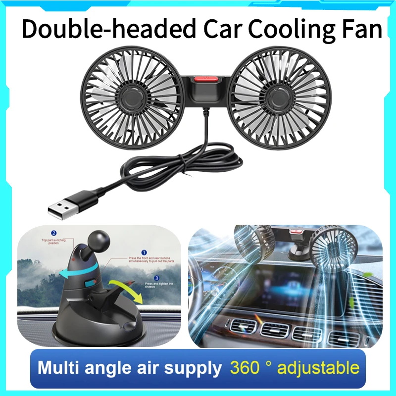 USB 5V Auto Ventilation Fan Dual Head Car Suction Cup Fan 360 Degree Rotation - £9.52 GBP+