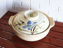 Japanese Blue Floral Donabe Stoneware Hot Clay Pot Casserole With Lid 72 FLOZ - £56.37 GBP