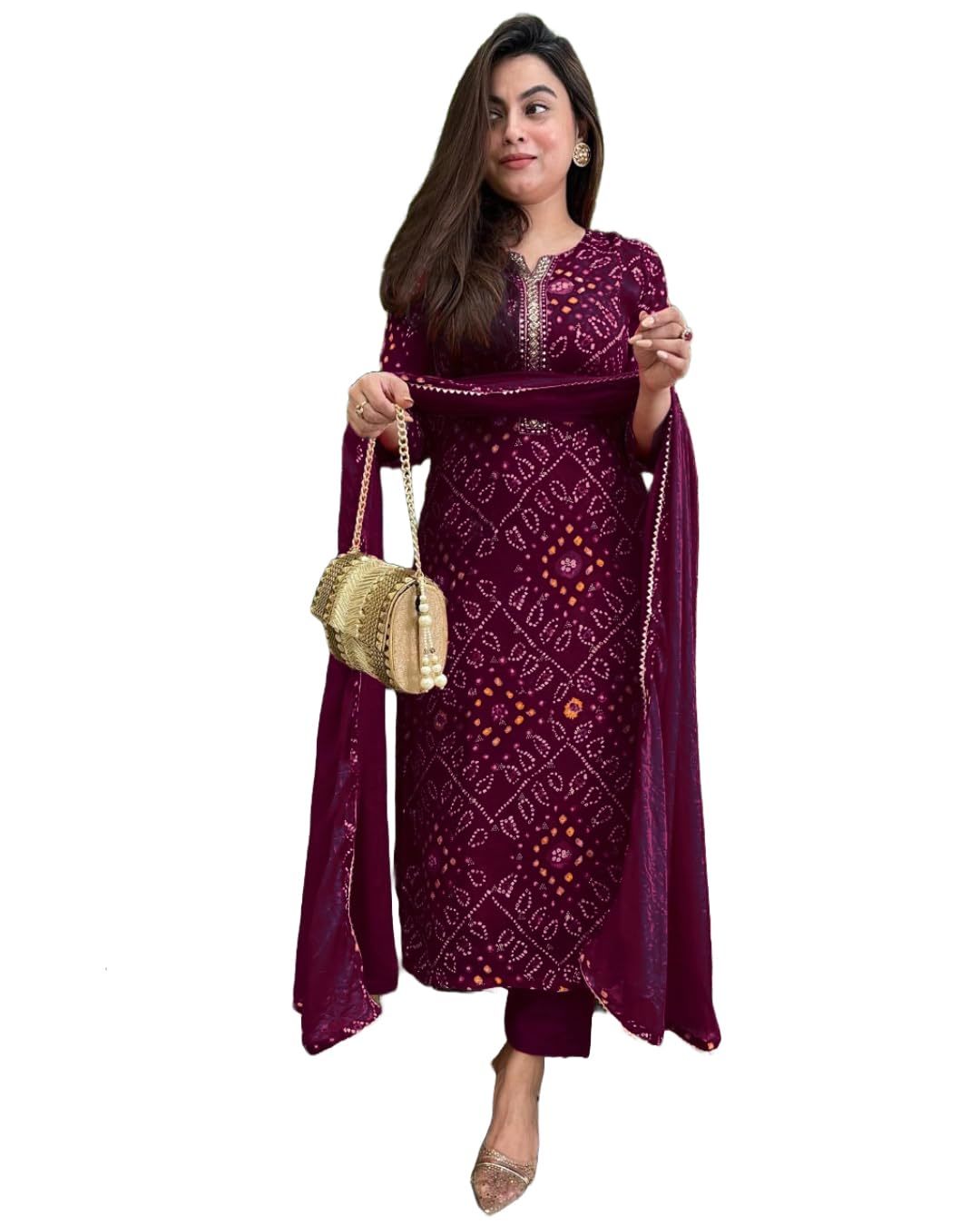 Women&#39;s Rayon Viscose Straight Bandhej Printed Kurta with Pant &amp; Dupatta - $32.72