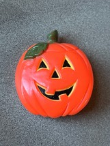 Vintage Hallmark Cards Marked Orange Plastic Jack O Lantern Pumpkin w Green Leaf - £7.58 GBP