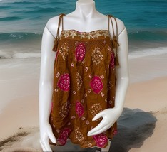 Artelier Nicole Miller Boho Tank Womens XL Brown Pink Smocked Batik Tass... - $23.98