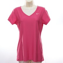 Nike Women&#39;s Dri-Fit Fitted Athletic Shirt Top L Large Pink V-Neck Short Sleeve - £18.49 GBP