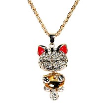 CUTE CAT NECKLACE Large Sparkling Crystal Pendant Kitty Charm Jewelry Rhinestone - £7.17 GBP