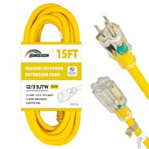 15Ft 12/3 Lighted Outdoor Extension Cord - 12 Gauge Sjtw Heavy Duty Yell... - £26.73 GBP