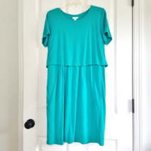 J Jill Pullover Jersey Knit Dress M Green Short Sleeve Button Back Stretch - $12.61