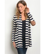 Navy and Cream Stripes Suede Elbow Patch Lightweight Open Front Shawl Ca... - $18.00