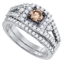14kt White Gold Round Brown Diamond Bridal Wedding Ring Band Set 1 Ctw - £1,423.87 GBP