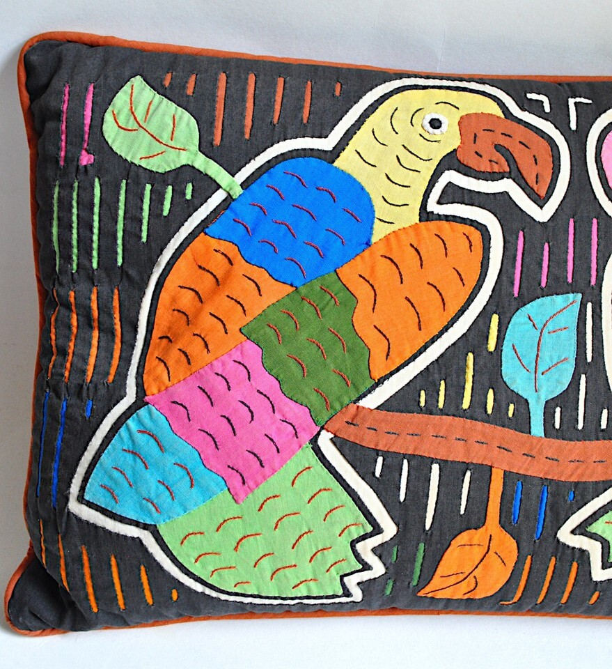 Mola Throw Pillow 16 x 11 Parrots Birds Sham Accent Embroidered Guna Kuna VTG Item image 2