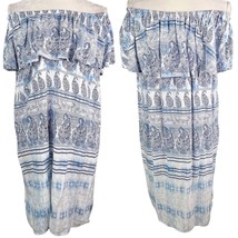 Beach Lunch Lounge Dress M Off Shoulders Blue White Print  - $28.00
