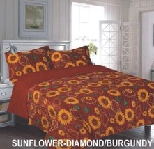 Sunflowers Burgundy Plush Reversible Bedspread Quilted Set 3 Pcs Queen Size - £43.51 GBP