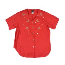 Vintage HUNTER&#39;S RUN Embellished Studs Stars Moon Button V-Neck Shirt Wo... - $24.19
