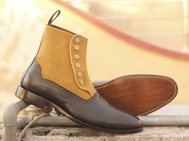 Handmade Ankle High Tan &amp; Black Boot, Upper Suede Leather Button style Brogue Bo - £119.89 GBP