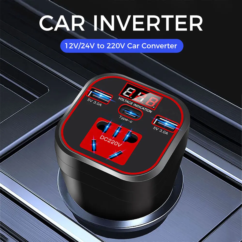 V 24v to 220v car power inverter converter type c 3 usb ports cigarette lighter voltage thumb200