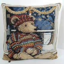 Teddy Bear 16&quot; Tapestry Pillow Nightshirt Nightcap Window Snow Christmas... - £11.66 GBP