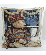 Teddy Bear 16&quot; Tapestry Pillow Nightshirt Nightcap Window Snow Christmas... - £11.66 GBP