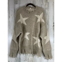 Easel Sweater Size Small Distressed Oversized Tan Khaki White Stars Shar... - $29.67