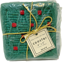 Vintage Made In India Cotton Christmas Fabric Coasters Green Red New Old Stock - £8.69 GBP