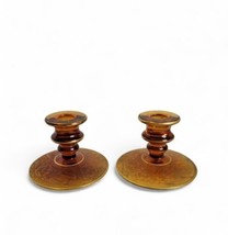 Cambridge Etched Glass Candlesticks Amber Candle Holders Pair Florentine 3.5&quot; - £36.49 GBP