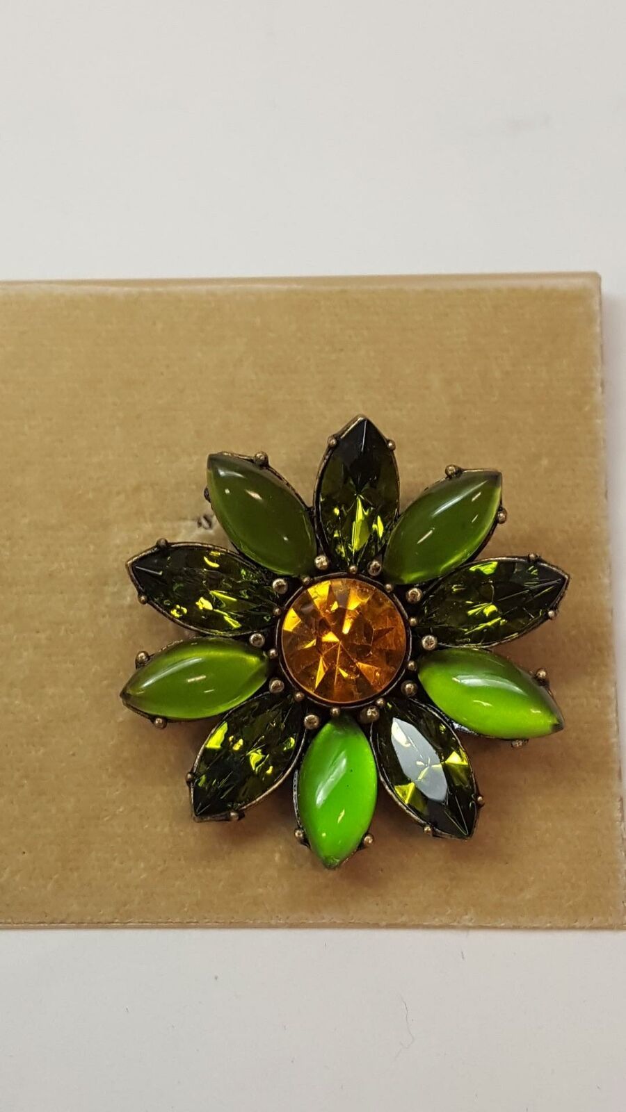 Vintage  Flower TALBOTS Brooch Pin GREEN Glass Yellow Rhinestone NEVER WORN! - £19.23 GBP