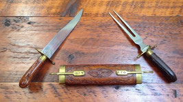 Vtg India Made Steel Carving Serving Fork Knife Set Decorative Lock Wood... - £97.73 GBP