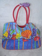 Sally Huss Canvas Tote Purse Seahorse Starfish Seashell Beach Tropical Z... - $21.73