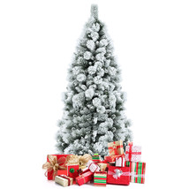 Costway 7&#39; Snow Flocked Hinged Artificial Slim Christmas Tree w/ Pine Ne... - £119.40 GBP