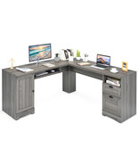 66 Inch L-Shaped Writing Study Workstation Computer Desk with Drawers-Gr... - $7,899.75 MXN