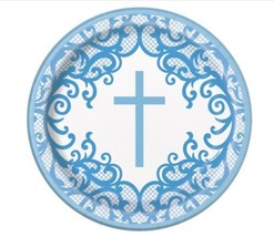 Fancy Blue Cross 8 Ct 9&quot; Lunch Plates Baptism Confirmation Church - £3.11 GBP
